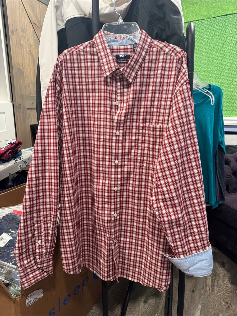 Izod Red and White Plaid Button-Down Shirt